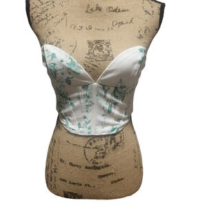 White Fox green/white floral patterned corset bodice zippered top, size xs
